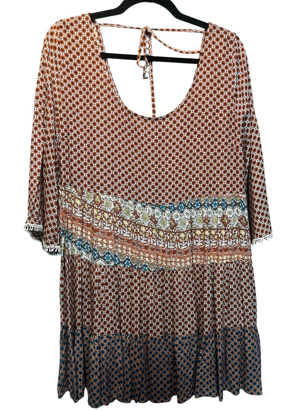 NWT Umgee Mixed Print Tiered Mini Dress in Brick Red, Navy & Teal (008) - Picture 3 of 4